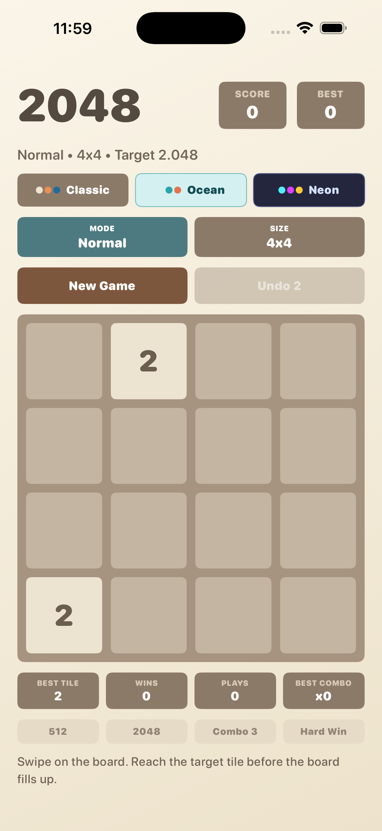 Actual 2048 game screen showing score, best score, Classic Ocean Neon themes, mode, size, undo, and the puzzle board