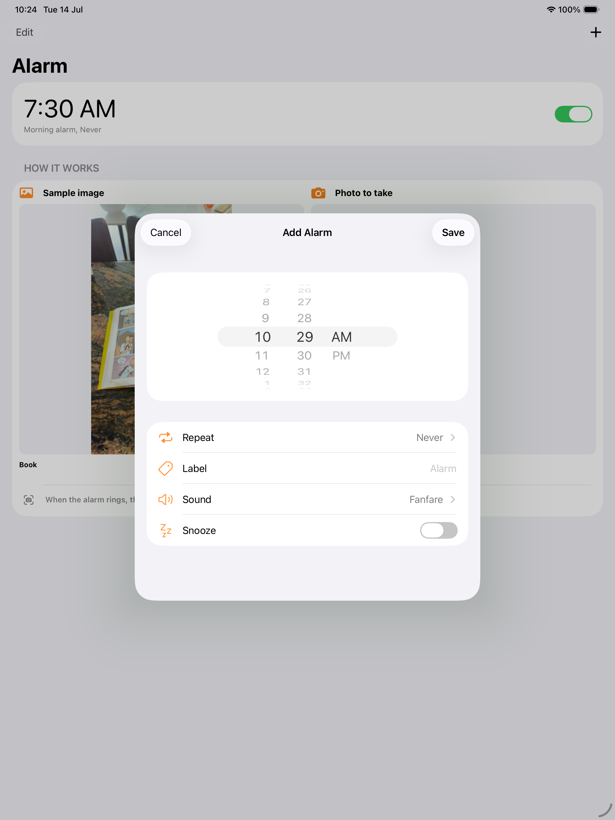 Alarm Camera add alarm screen on iPad