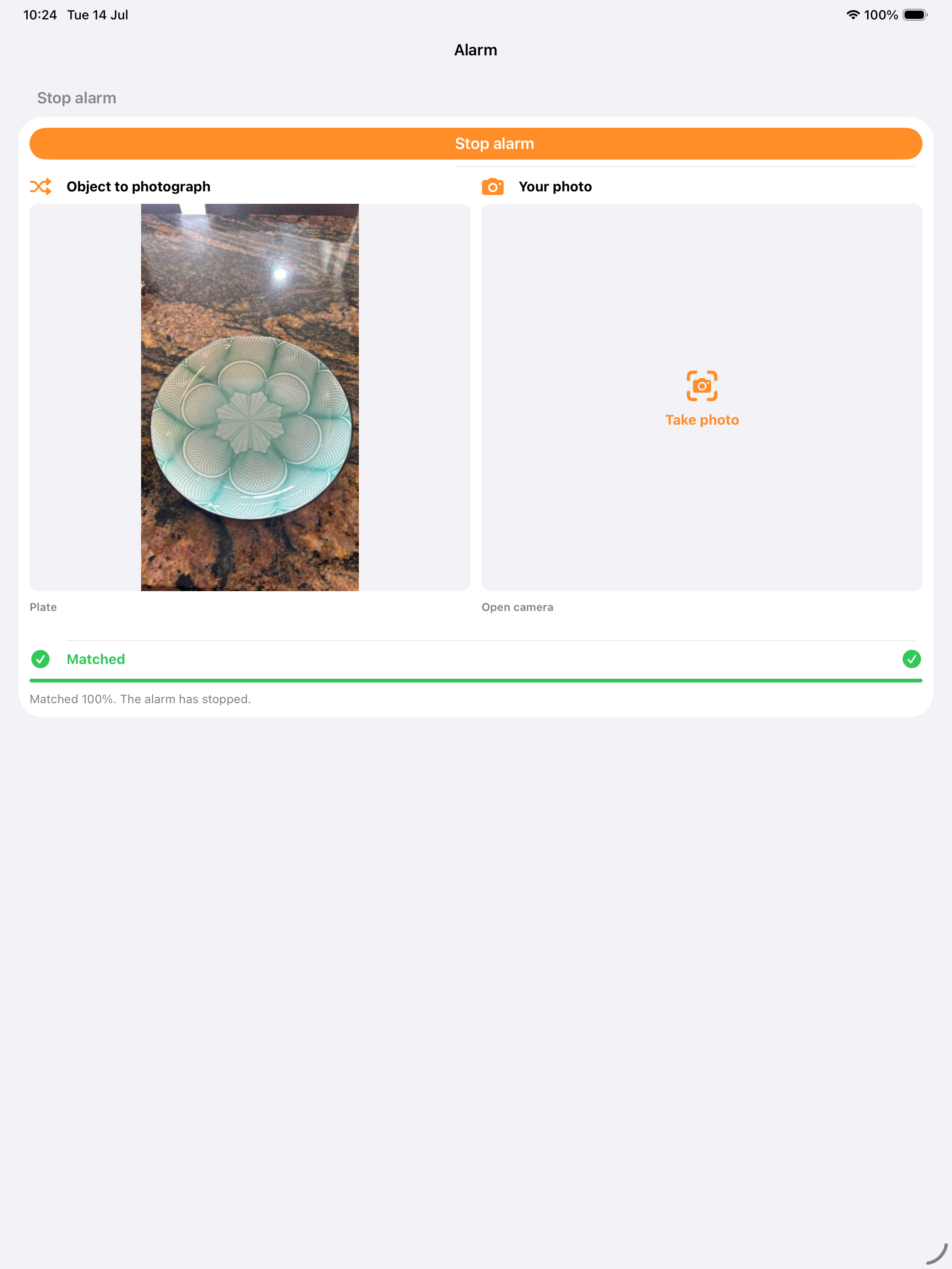 Alarm Camera completed challenge on iPad