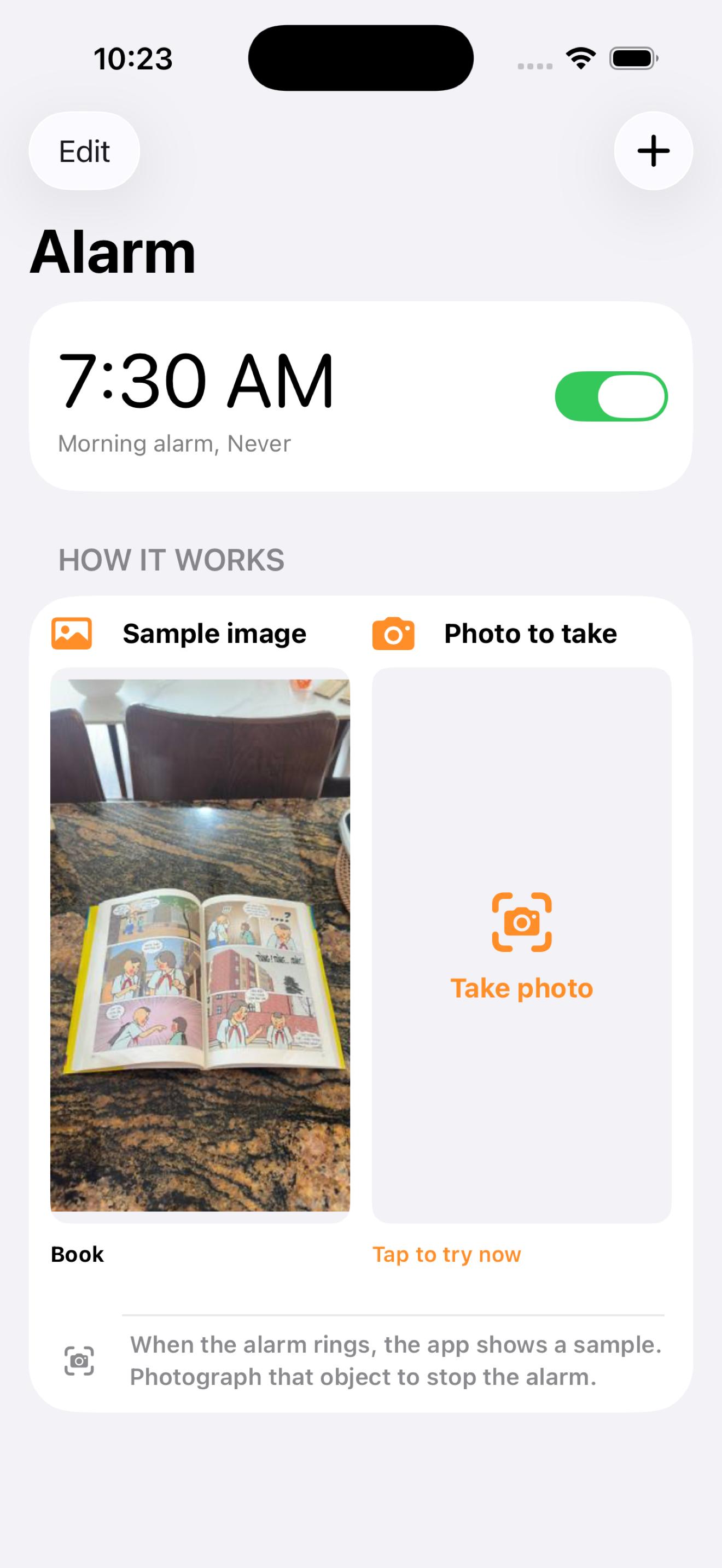 Alarm Camera scheduled alarm on iPhone