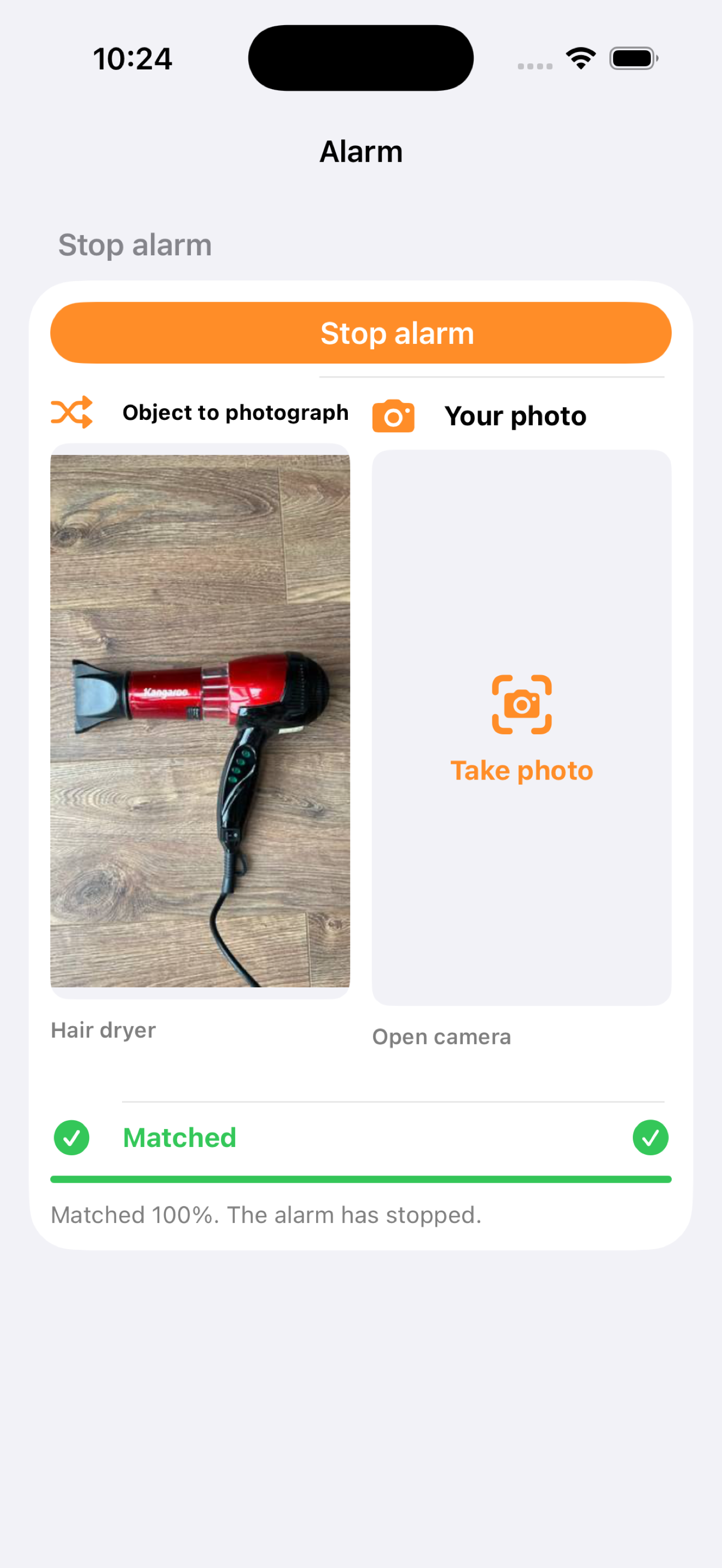 Alarm Camera completed challenge on iPhone