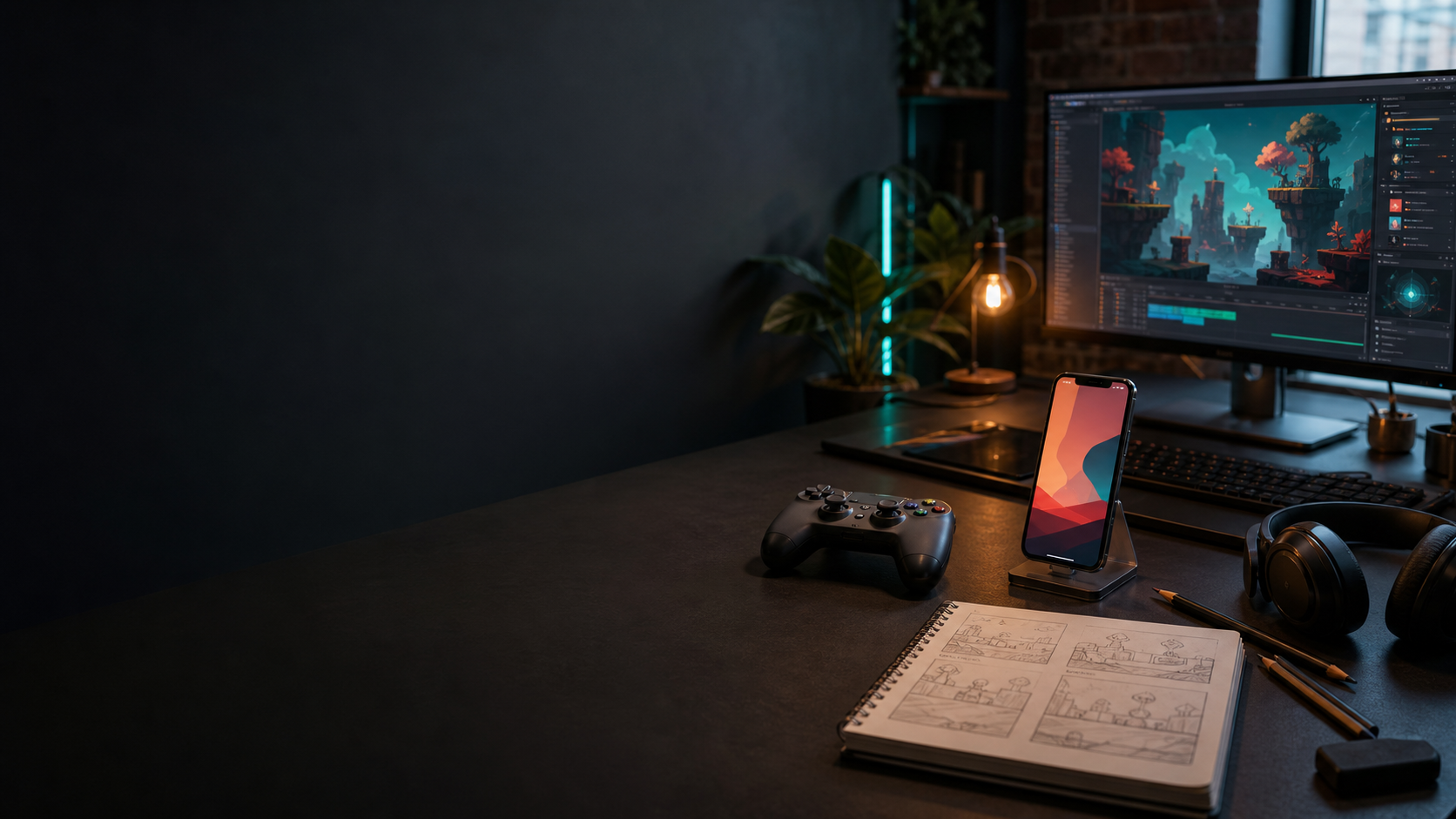 Hano Game development workspace with a game screen, phone, controller, and sketchbook